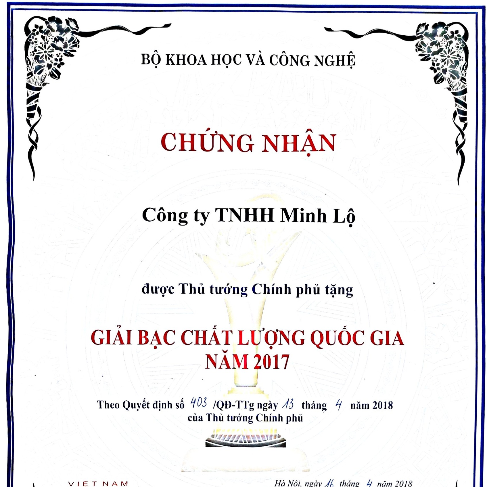 Chứng nhận Chất lượng quốc gia do Thủ tướng Chính phủ trao tặng