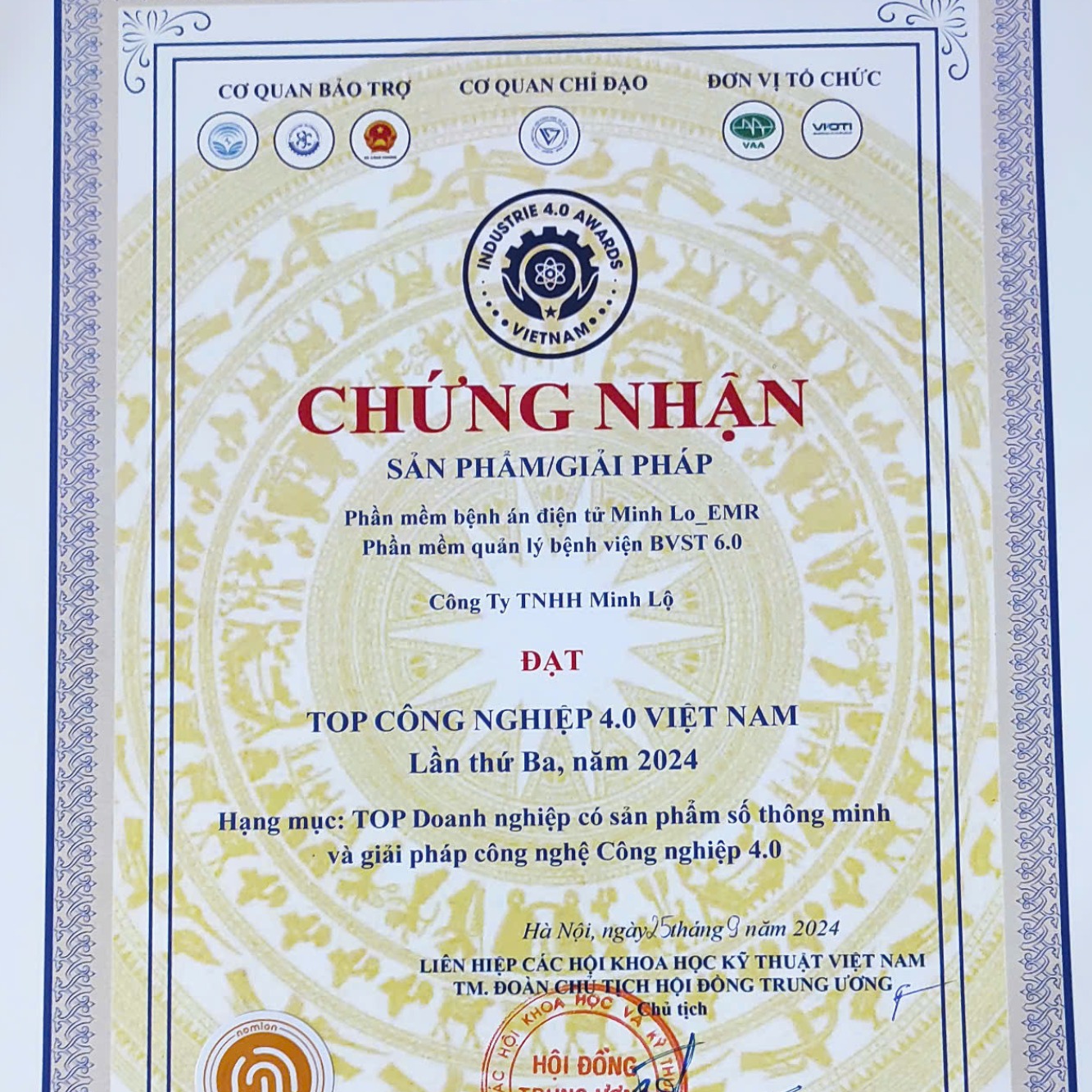 Chứng nhận TOP Công nghiệp 4.0 Việt Nam – TOP 4.0 Awards do Liên hiệp các hội khoa học kỹ thuật Việt Nam trao tặng